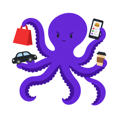 Opus gerenciando: segura sacola de delivery, celular, carro e café